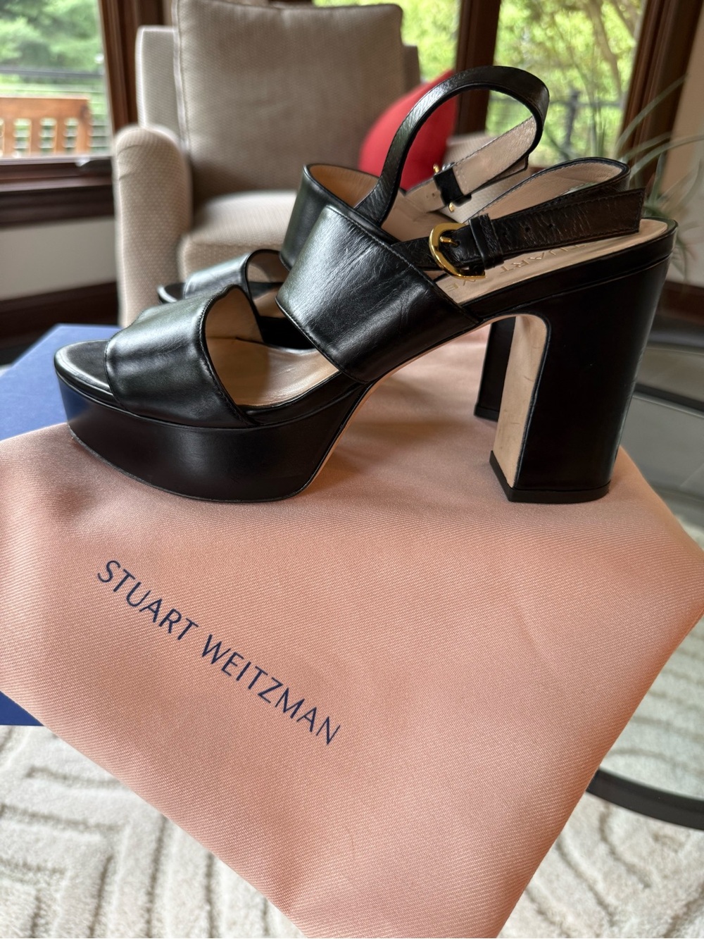 Stuart Weitzman Black Leather Ono 7.5 Platform Slingback Sandals with Box Bag